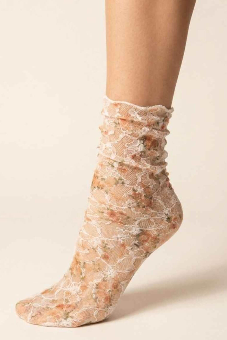 Floral Mesh Sheer Socks featuring transparent stretch mesh with delicate orange floral lace patterns and a softly gathered ankle fit, displayed in a close-up studio setting to highlight the lightweight texture, breathable comfort, and elegant vintage-inspired styling.