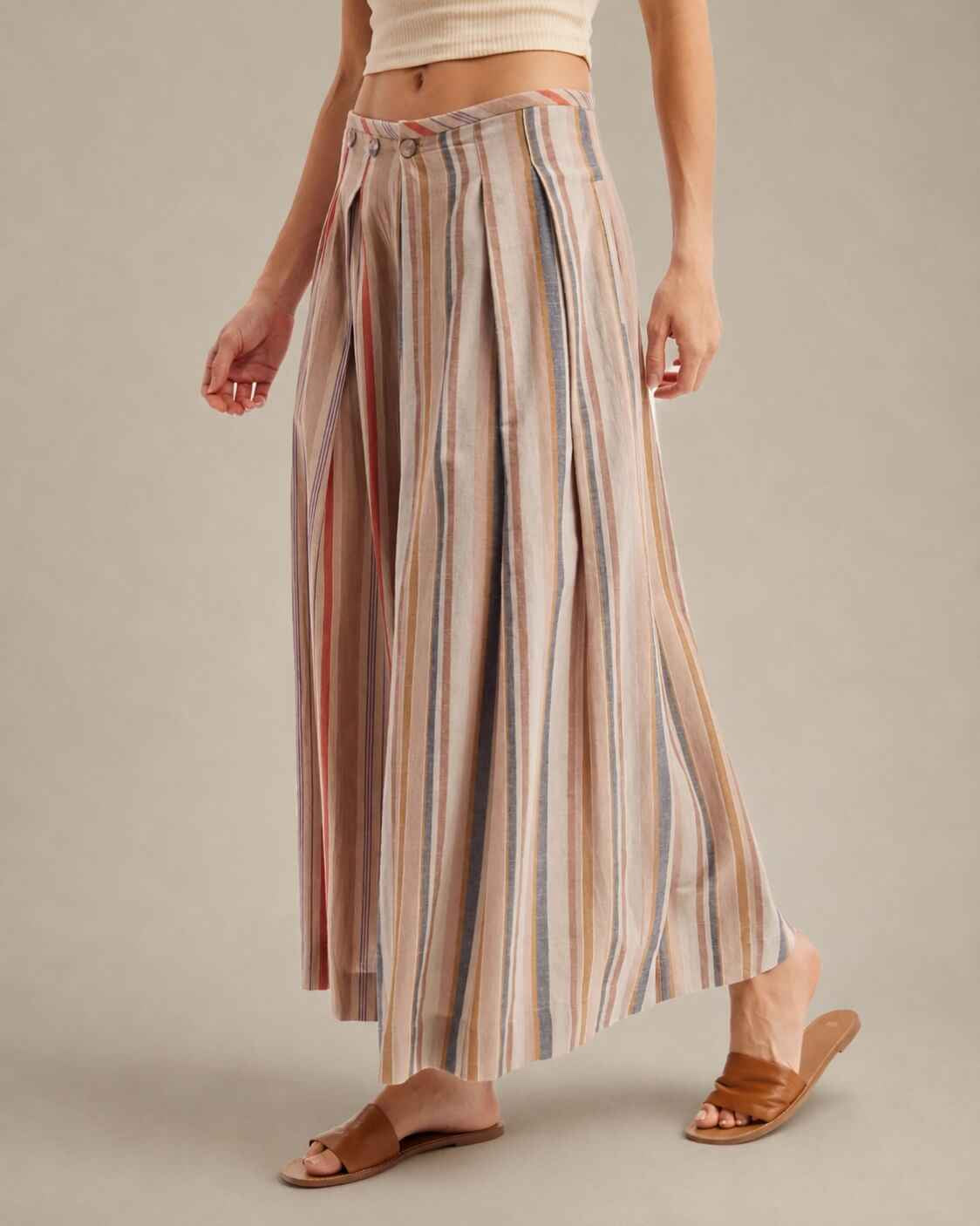Multi-Stripe Pleated Front Wide-Leg Pants featuring a relaxed full-length fit with vertical multi-stripe detailing and front button closure, shown in a side-angle standing pose in a minimalist studio, highlighting the fluid movement and casual warm-weather comfort.
