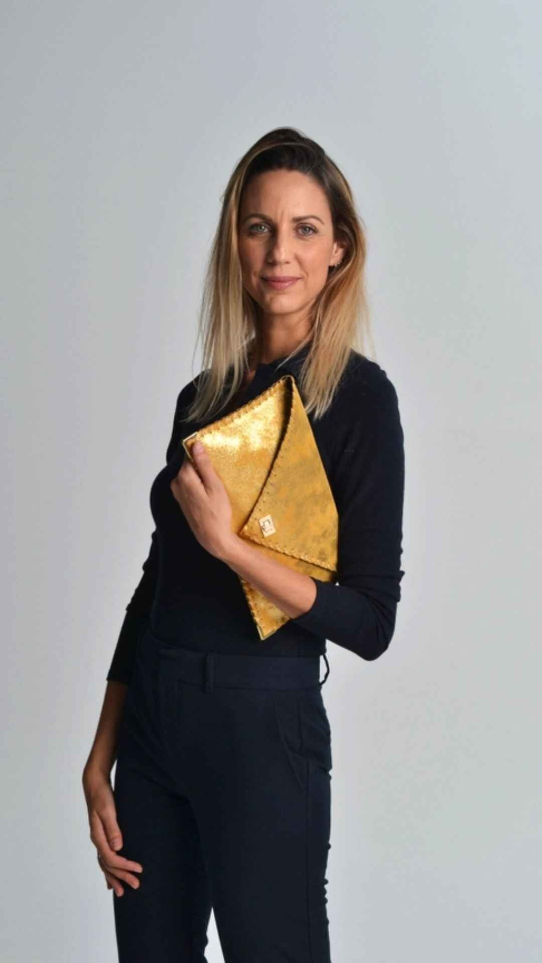 Symmetria Leather Sparkling Clutch in Gold