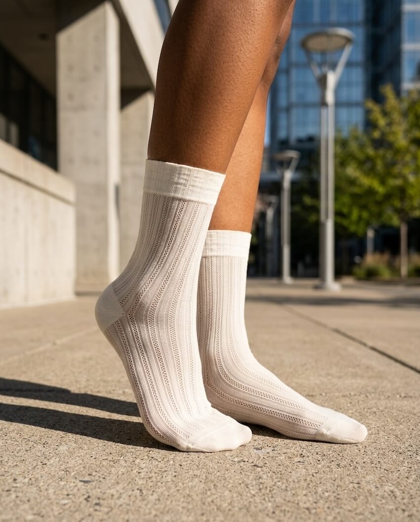 Soft Horizon Sheer Socks featuring a delicate open ribbed knit with a classic crew length, shown standing on a sunlit urban walkway, highlighting the breathable texture and lightweight construction.
