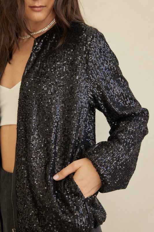 Front Zip Sequin Bomber Jacket