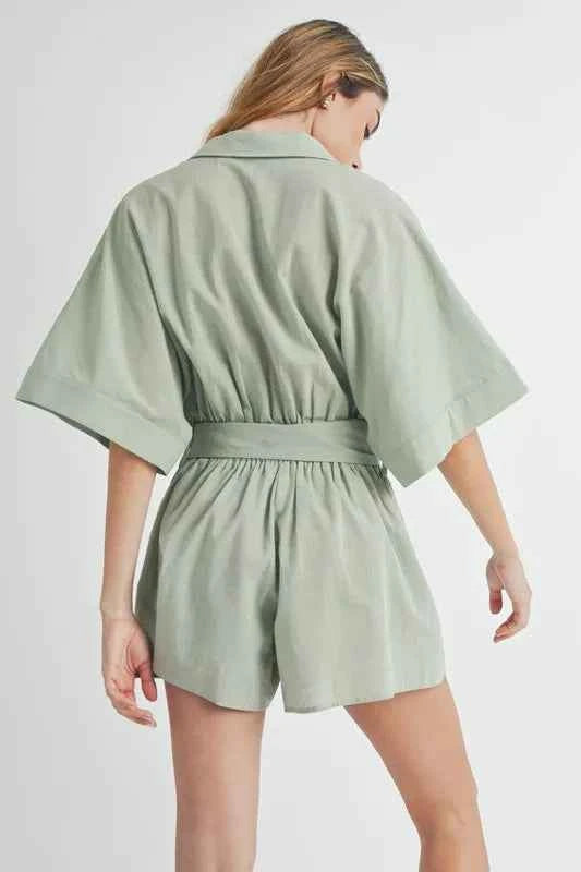 Embroidered Collared Romper in Dusty Sage