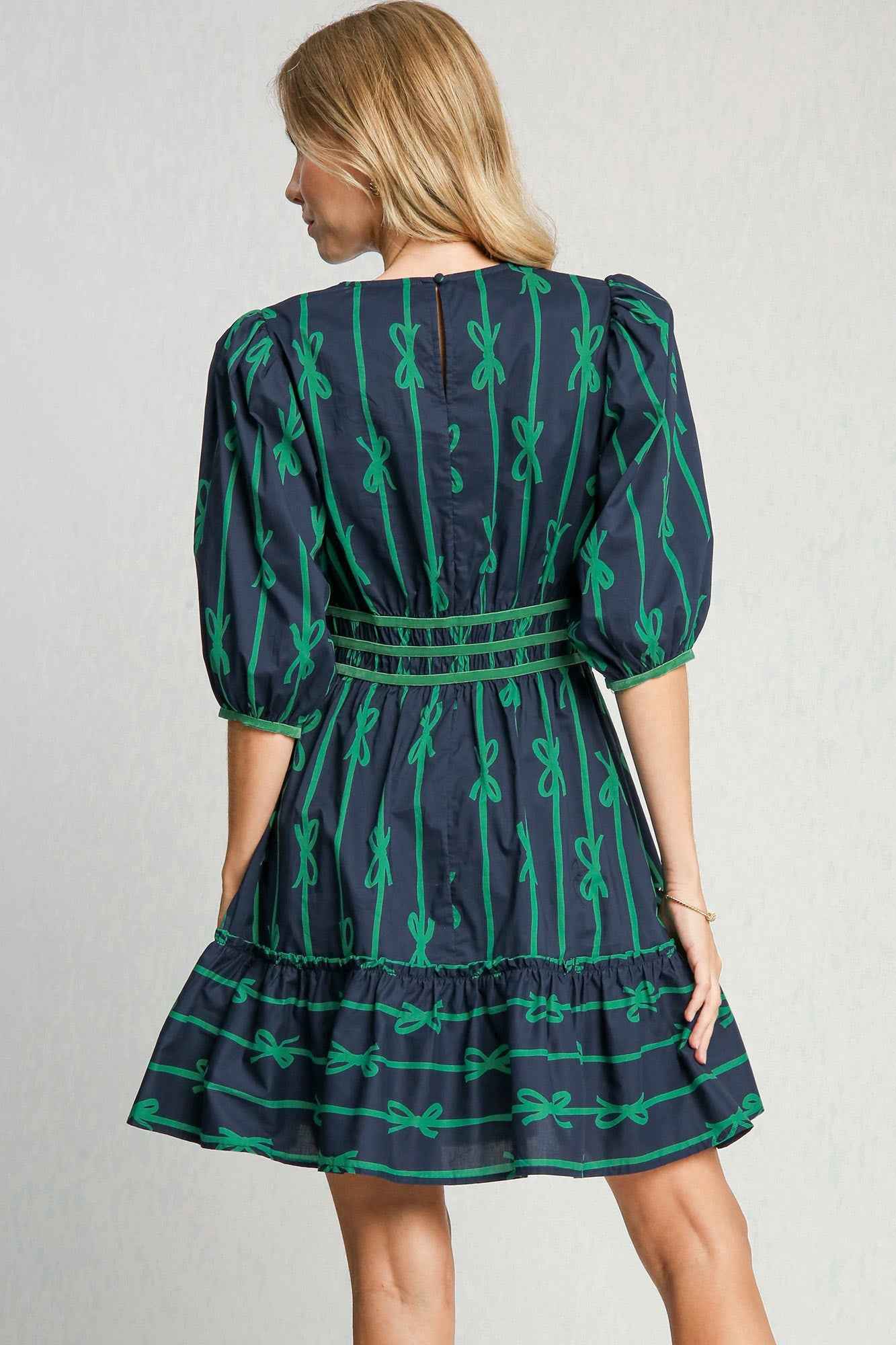 Frill Velvet Trim Half Sleeve Dress