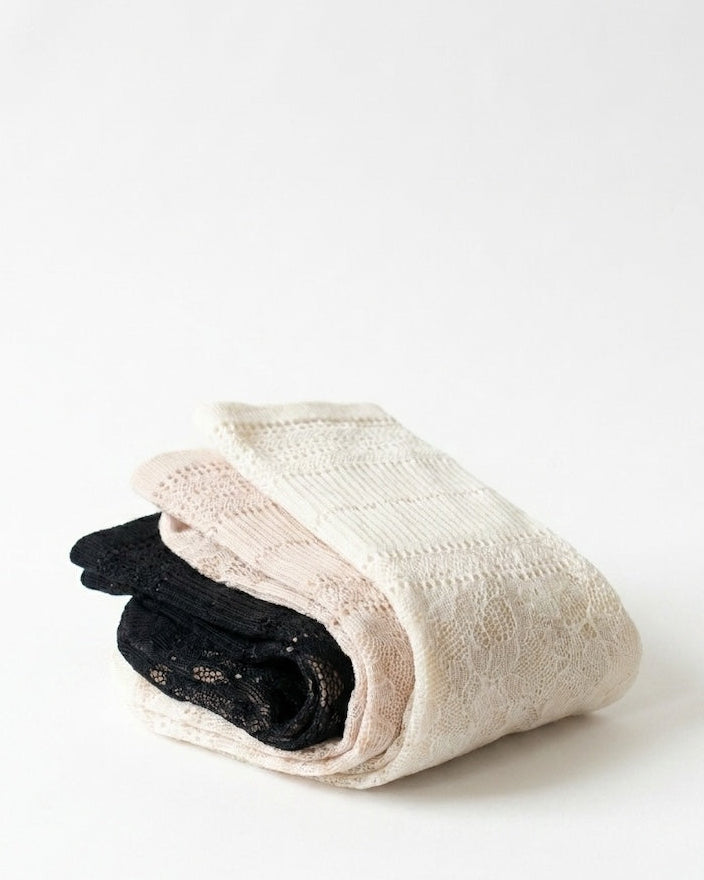 3-pack lace crew socks in black and soft neutral tones – elegant feminine floral mesh women’s fashion socks
