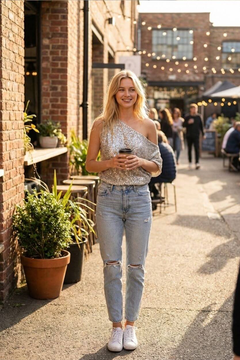 Premiere Night Top one shoulder sequin top styled on a street café setting with string lights, paired with distressed jeans, highlighting the relaxed silhouette and everyday evening wear.