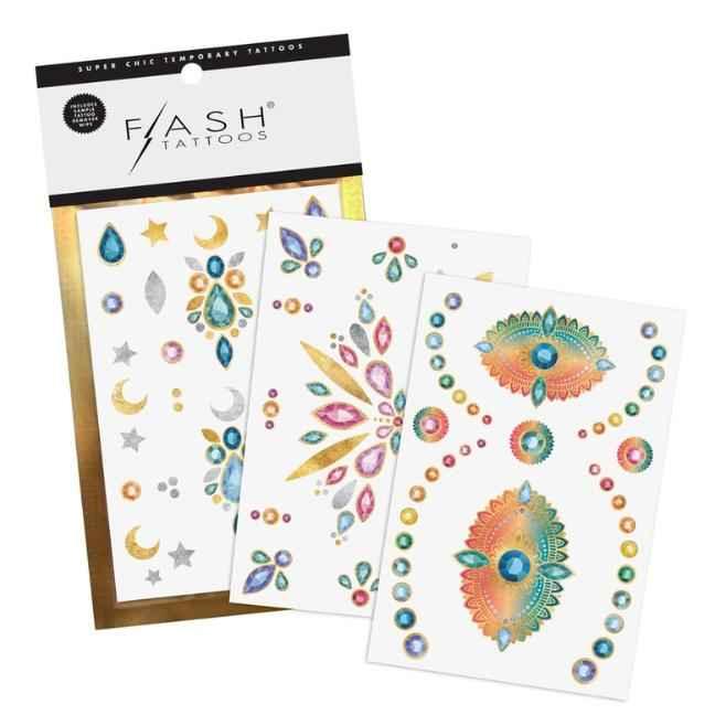 Colorful gem and metallic moon, star, and teardrop Flash Tattoos set from Love Classic