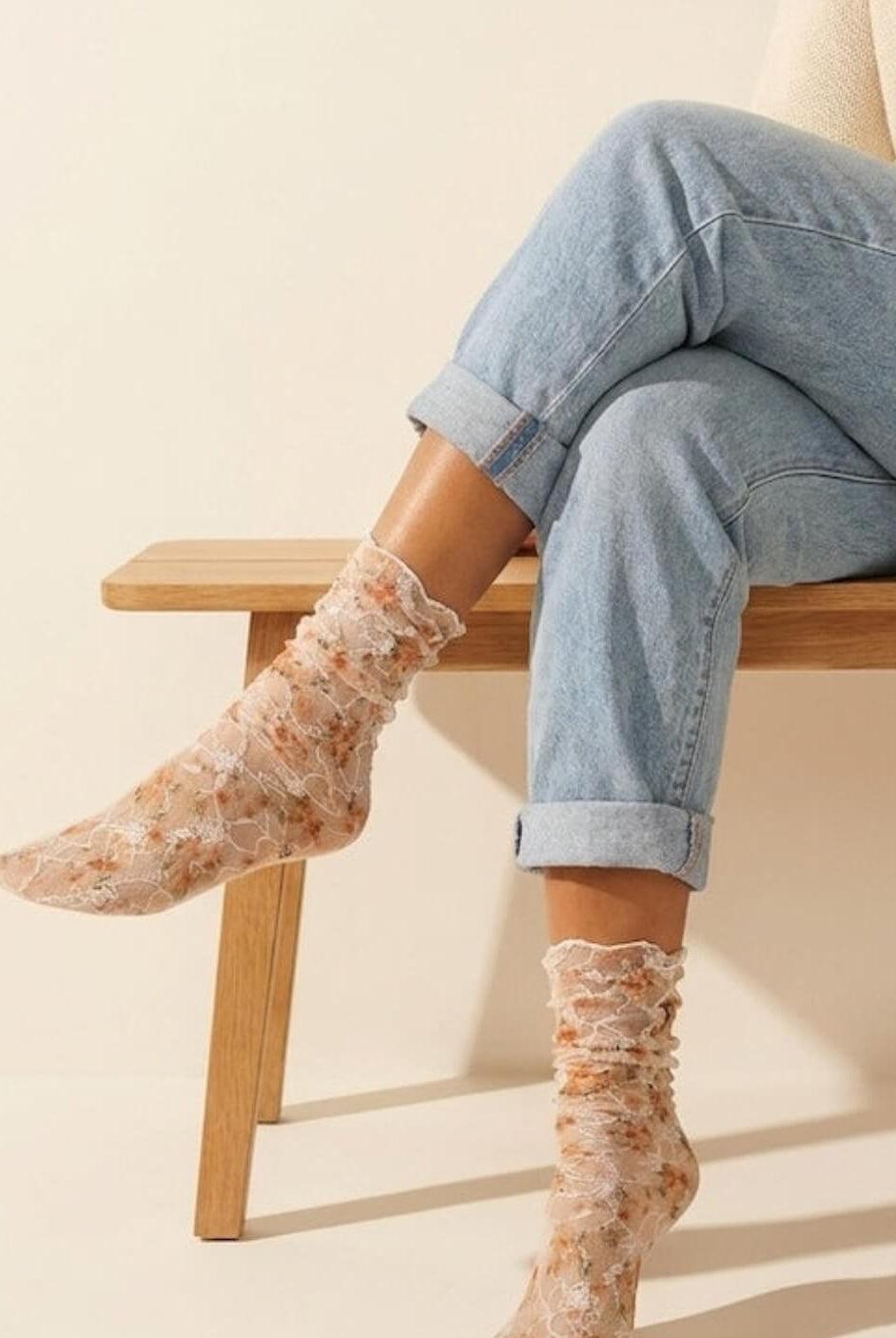 Sheer floral ankle socks with delicate orange embroidery – lightweight feminine transparent fashion socks for women