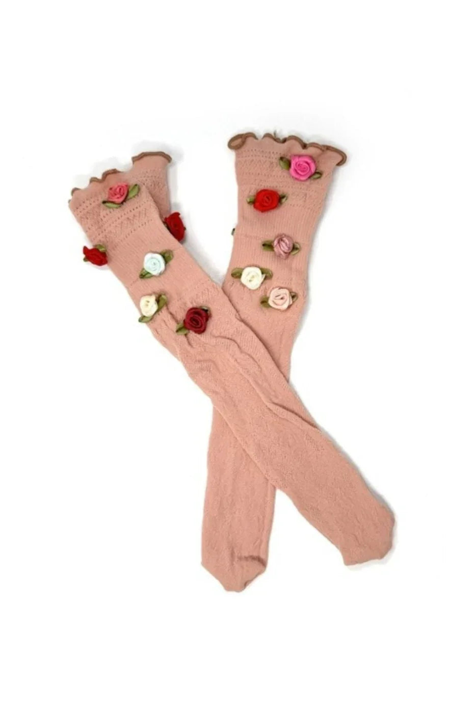 Pink knee-high socks with colorful fabric flower embellishments, Love Classic style