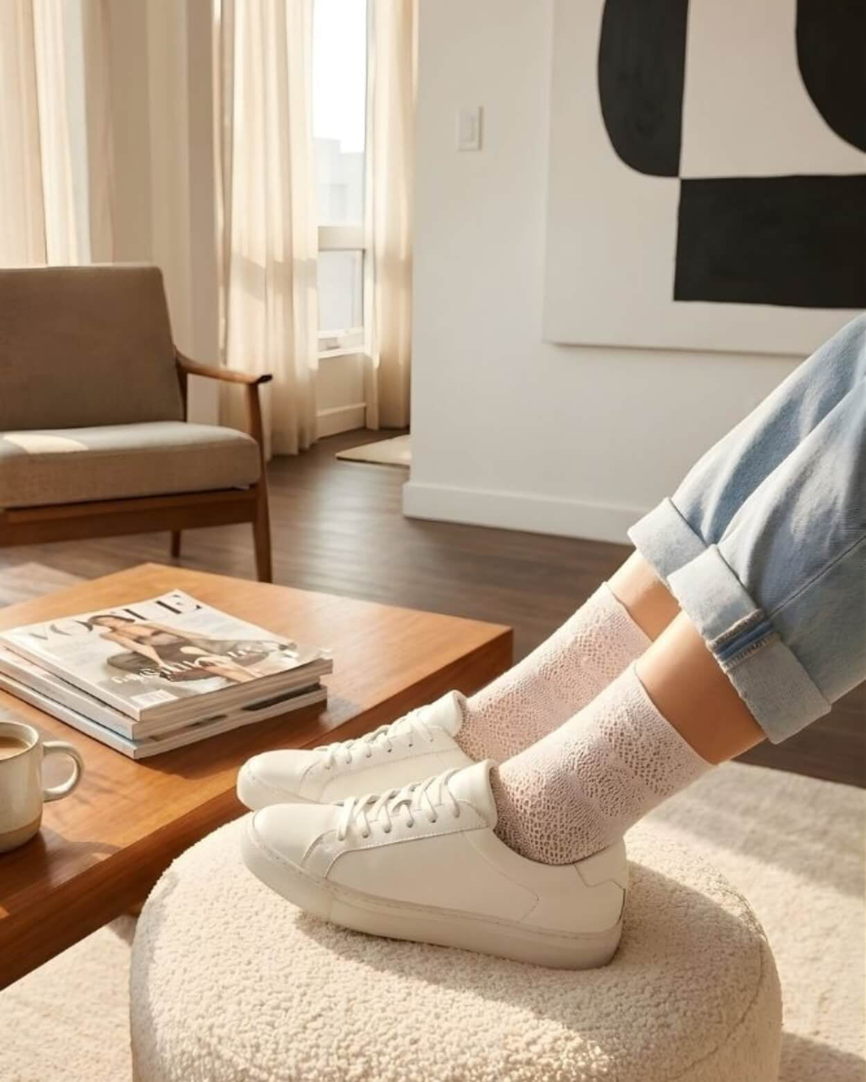 Lace Pattern Sheer Sock featuring sheer white lace pattern socks worn on crossed legs against a neutral studio background, highlighting delicate knit texture, flexible fit, and breathable everyday comfort.