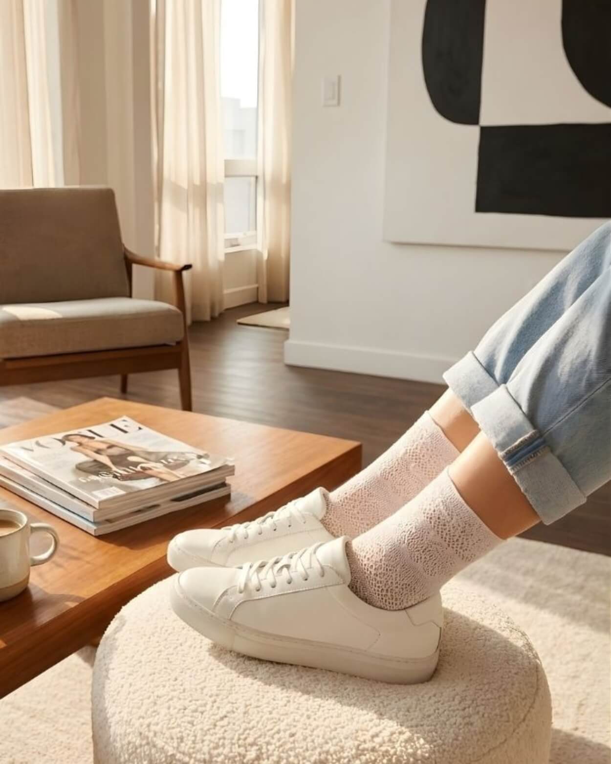 Lace Pattern Sheer Sock featuring sheer white lace pattern socks worn on crossed legs against a neutral studio background, highlighting delicate knit texture, flexible fit, and breathable everyday comfort.