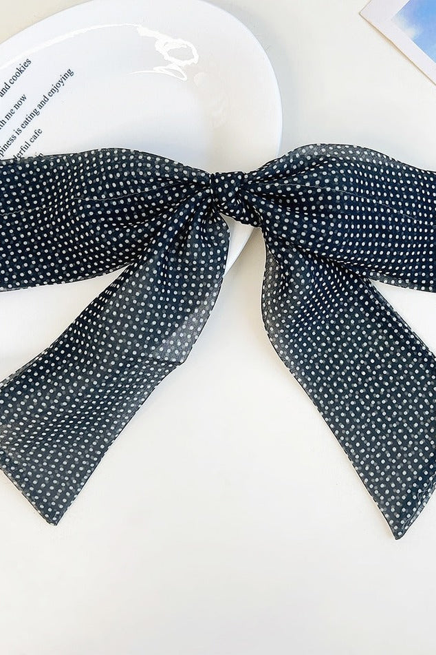 Charcoal Blue-Gray Polka Dot Ribbon Bow French Barrette Clip