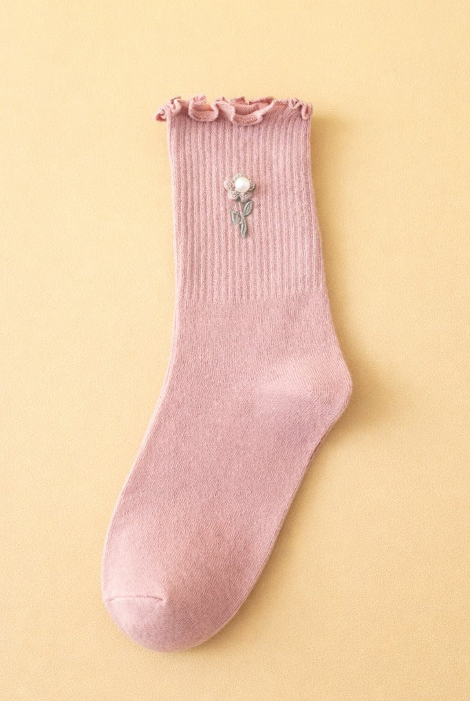 Blush pink ribbed ruffle crew socks with pearl rose detail