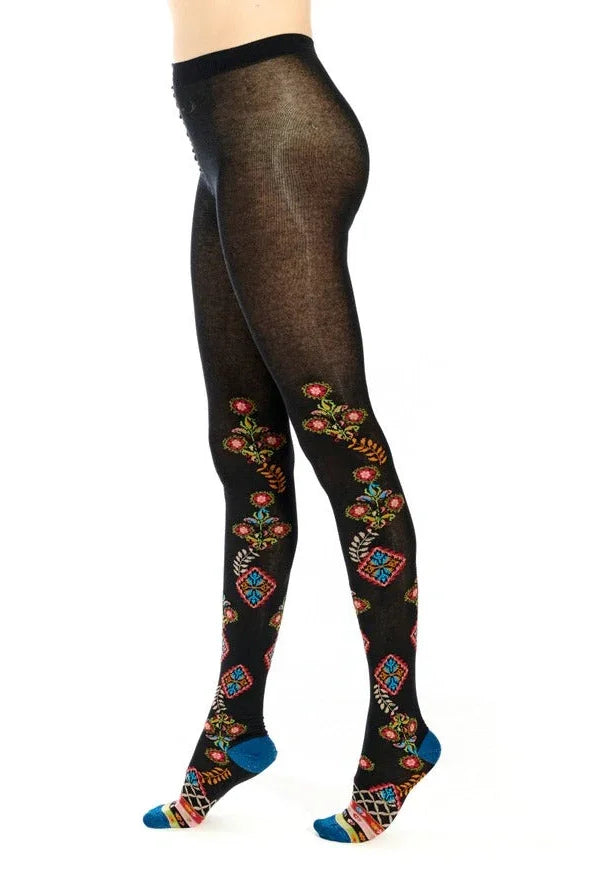 Black floral patterned tights with colorful geometric accents, Love Classic high quality style