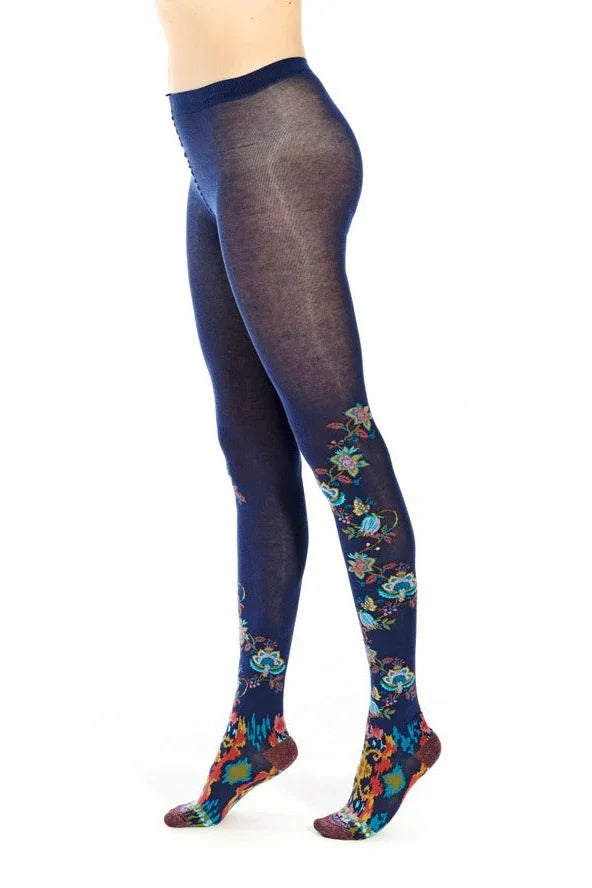 Navy blue floral patterned tights with colorful accents, Love Classic high quality hosiery