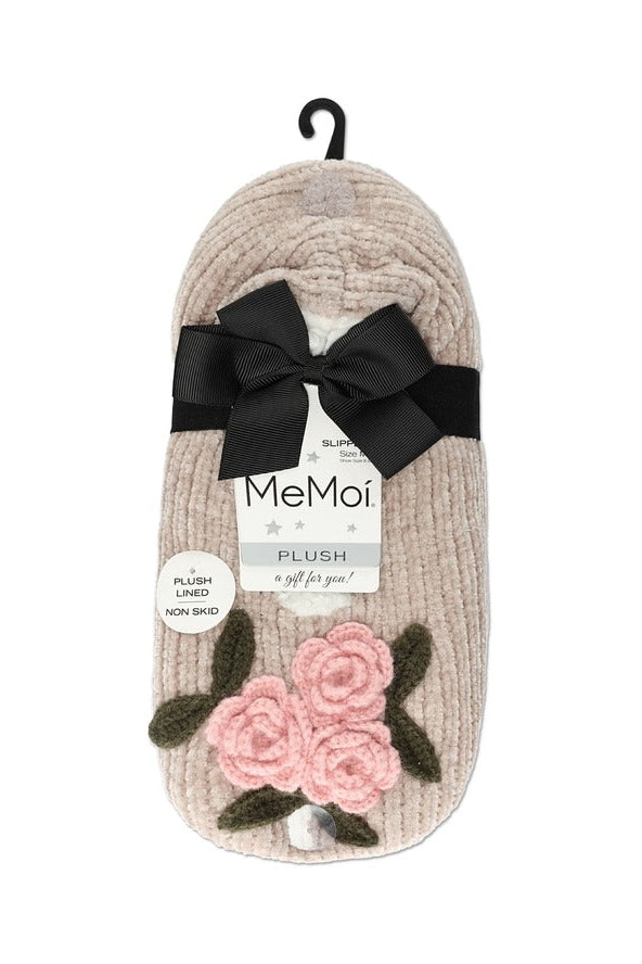 Coming Up Roses chenille slippers with pink crochet rose detail and soft sherpa lining, shown from top view 3