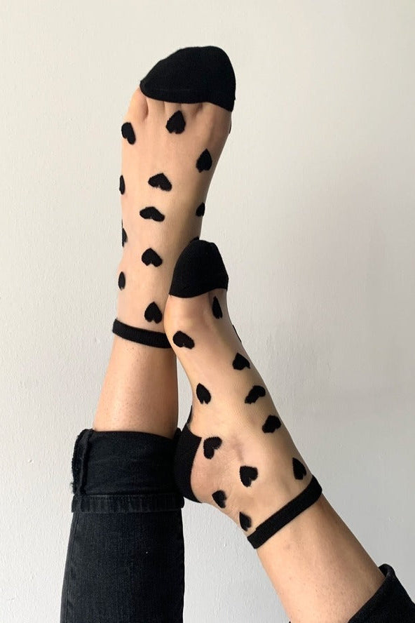Sheer Ankle Heart Socks Black - Love Classic