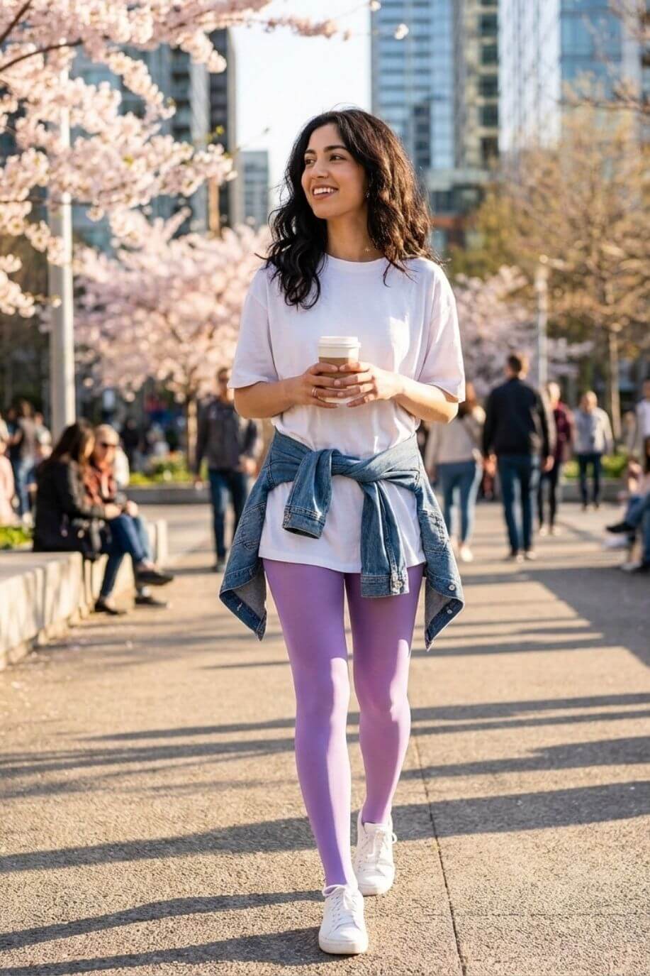 Lightweight Semi Opaque Tights in lavender, featuring a smooth semi-sheer knit and flexible fit, styled with a relaxed tee and sneakers, shown on a model walking through a park with spring blossoms.