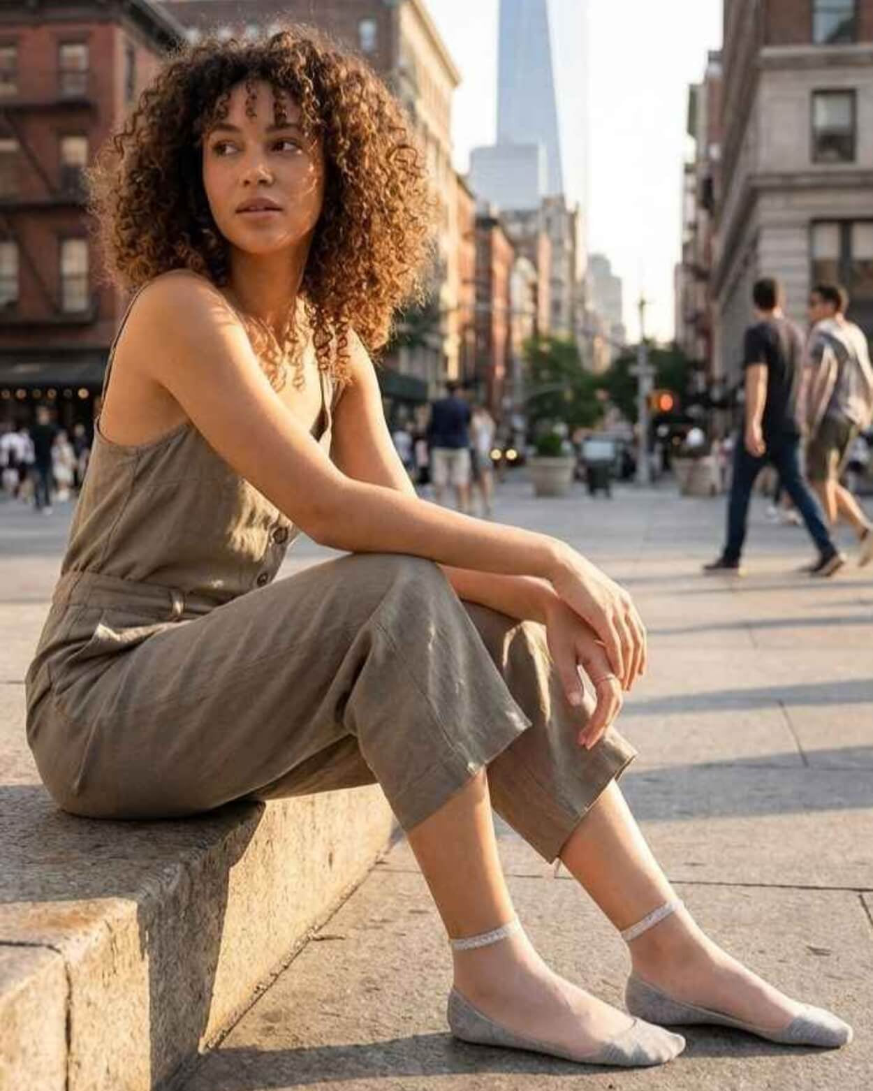 6-Pack Glitter Rim Sheer Crew Socks featuring sheer gray mesh fabric with sparkling silver cuffs and low-profile reinforced toes, styled with casual flats and a relaxed jumpsuit in an urban outdoor setting, highlighting breathable comfort and modern everyday fashion.