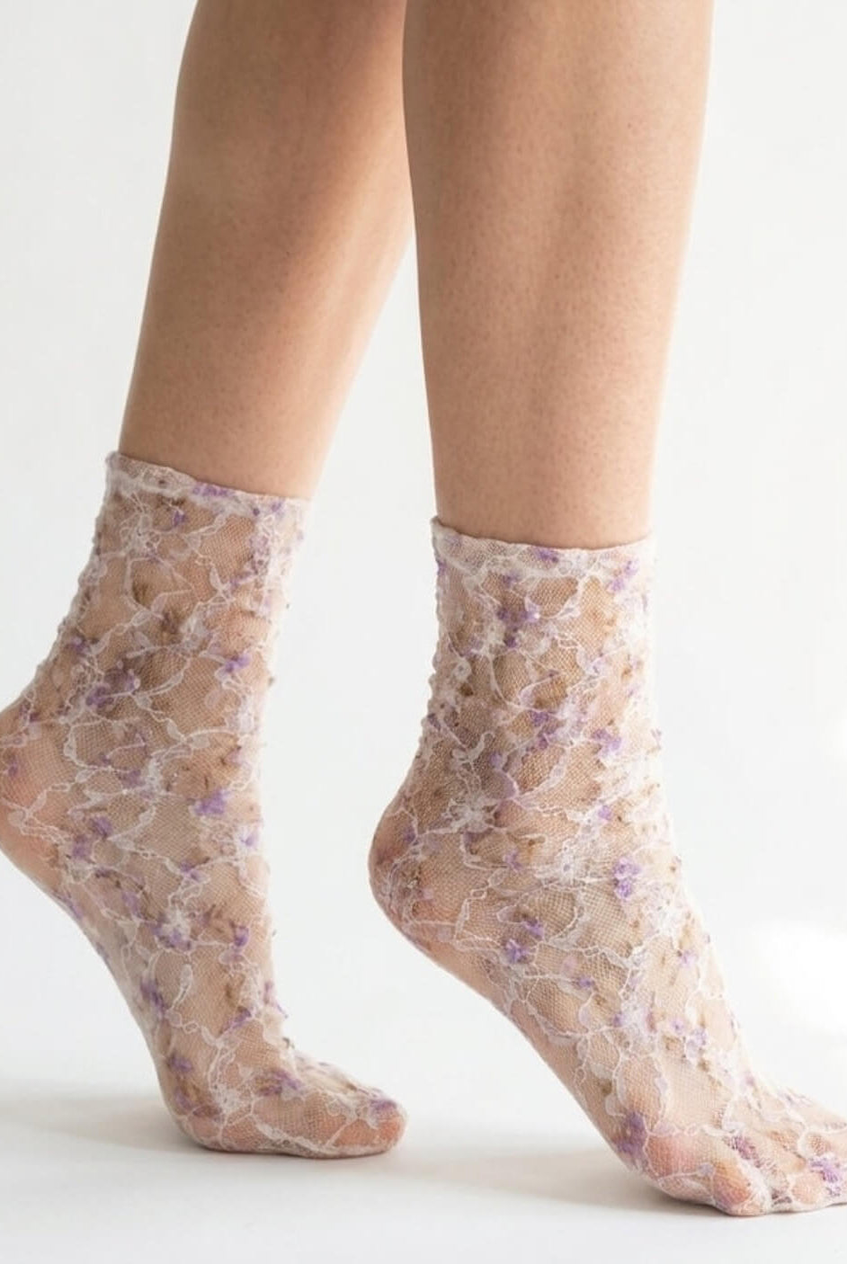 Sheer floral ankle socks with delicate purple embroidery – lightweight feminine transparent fashion socks for women