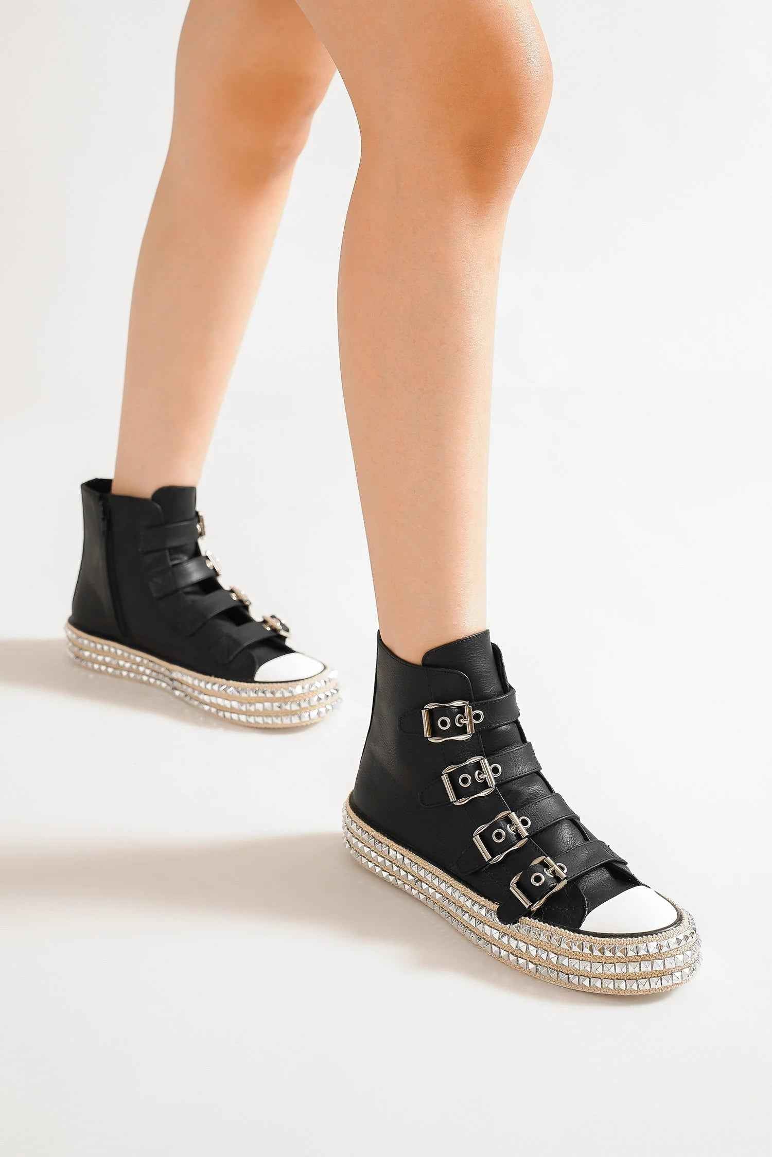 Multi-Buckle Straps Studded Platform Sneakers