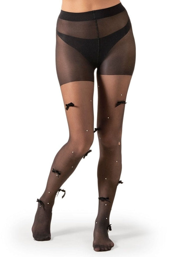Sheer black women’s tights with decorative bow details, high-waist pantyhose worn on legs, elegant fashion hosiery for formal or party wear 4