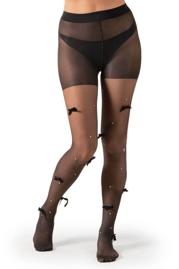 Sheer black women’s tights with decorative bow details, high-waist pantyhose worn on legs, elegant fashion hosiery for formal or party wear 4