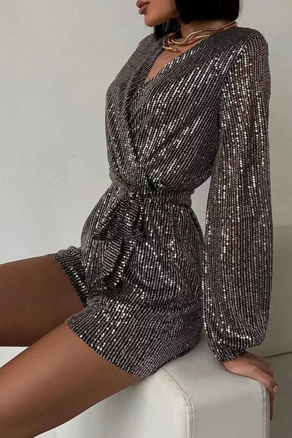 Sequin Surplice Tie Romper