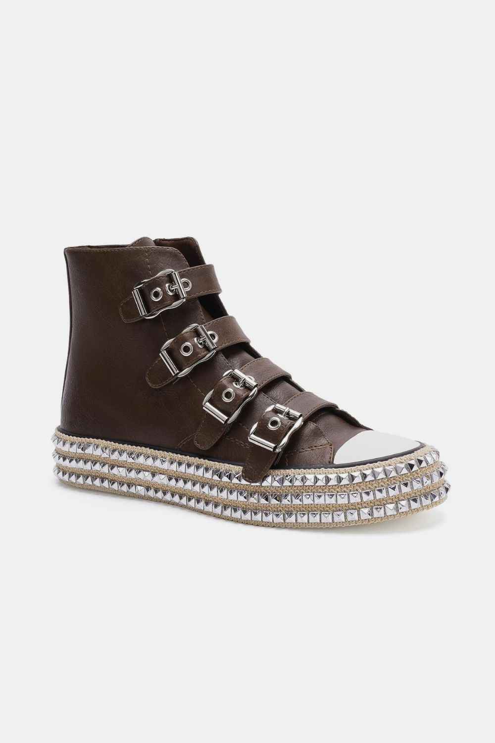 Mocha Multi-Buckle Straps Studded Platform Sneakers