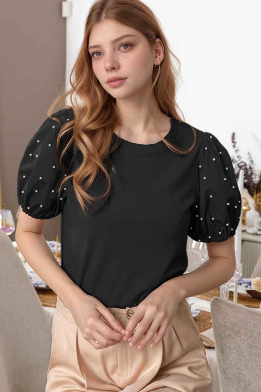 Pearl Puff Sleeve Top in Black