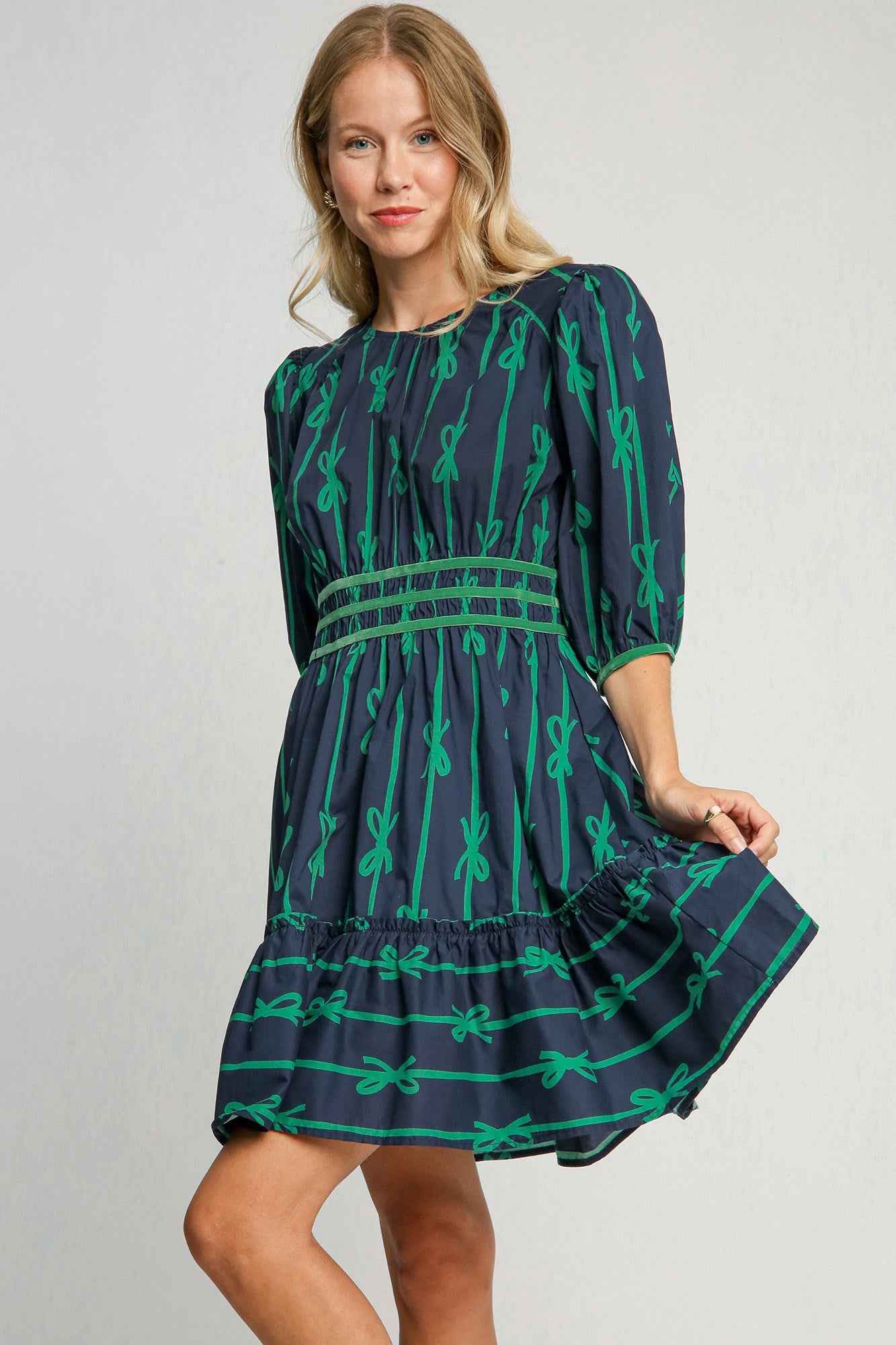 Frill Velvet Trim Half Sleeve Dress