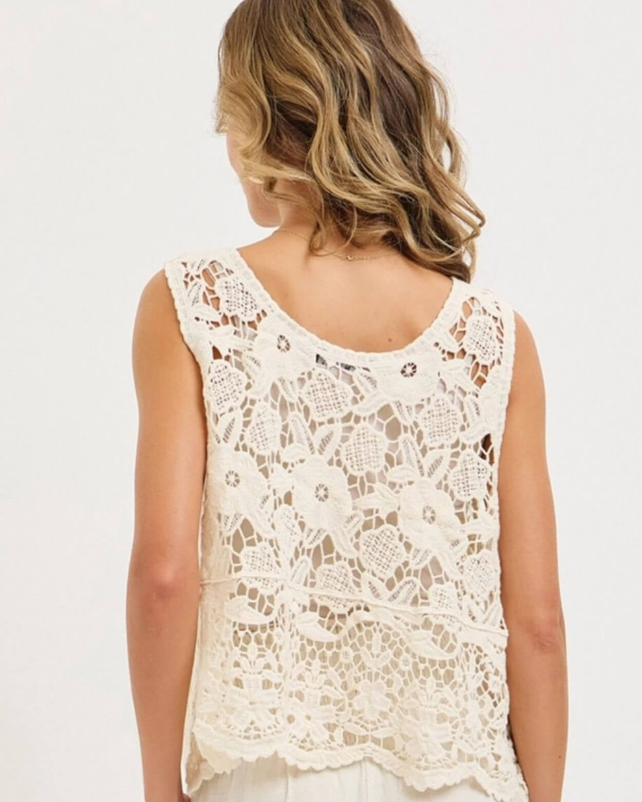 Crochet Lace Tank Top featuring a cream floral crochet lace design with scalloped hem, shown from the back on a model highlighting the lace pattern and cut, studio rear view.