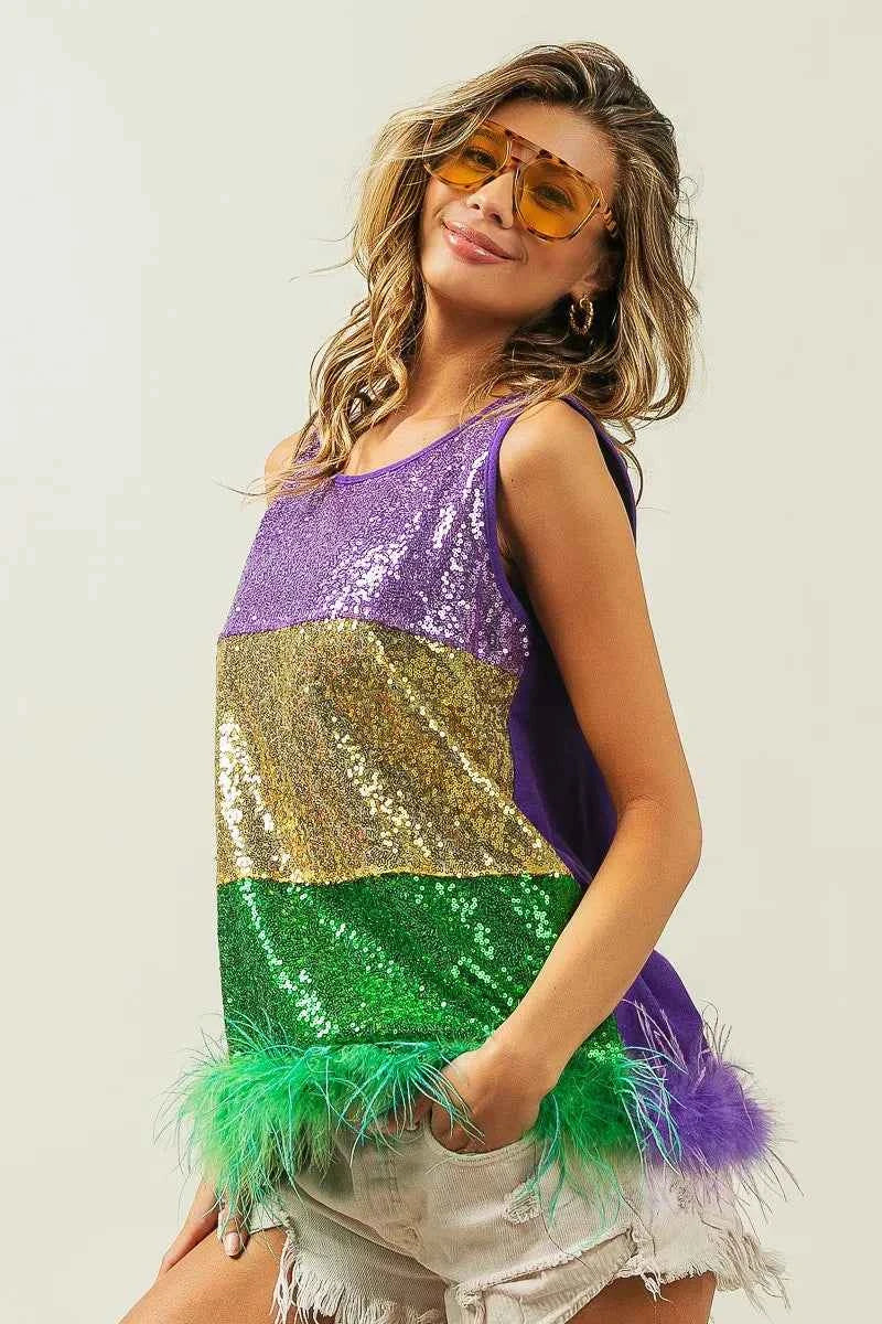Faux Feather Hem Sequin Top