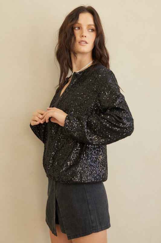 Front Zip Sequin Bomber Jacket