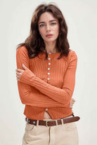 Ribbed Button Up Long Sleeve Top