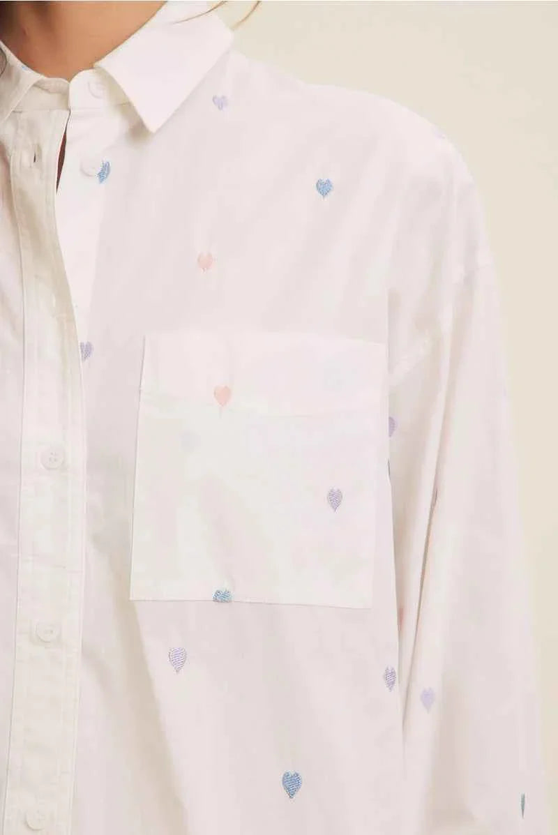 White button-up shirt with pastel embroidered heart patterns from Love Classic