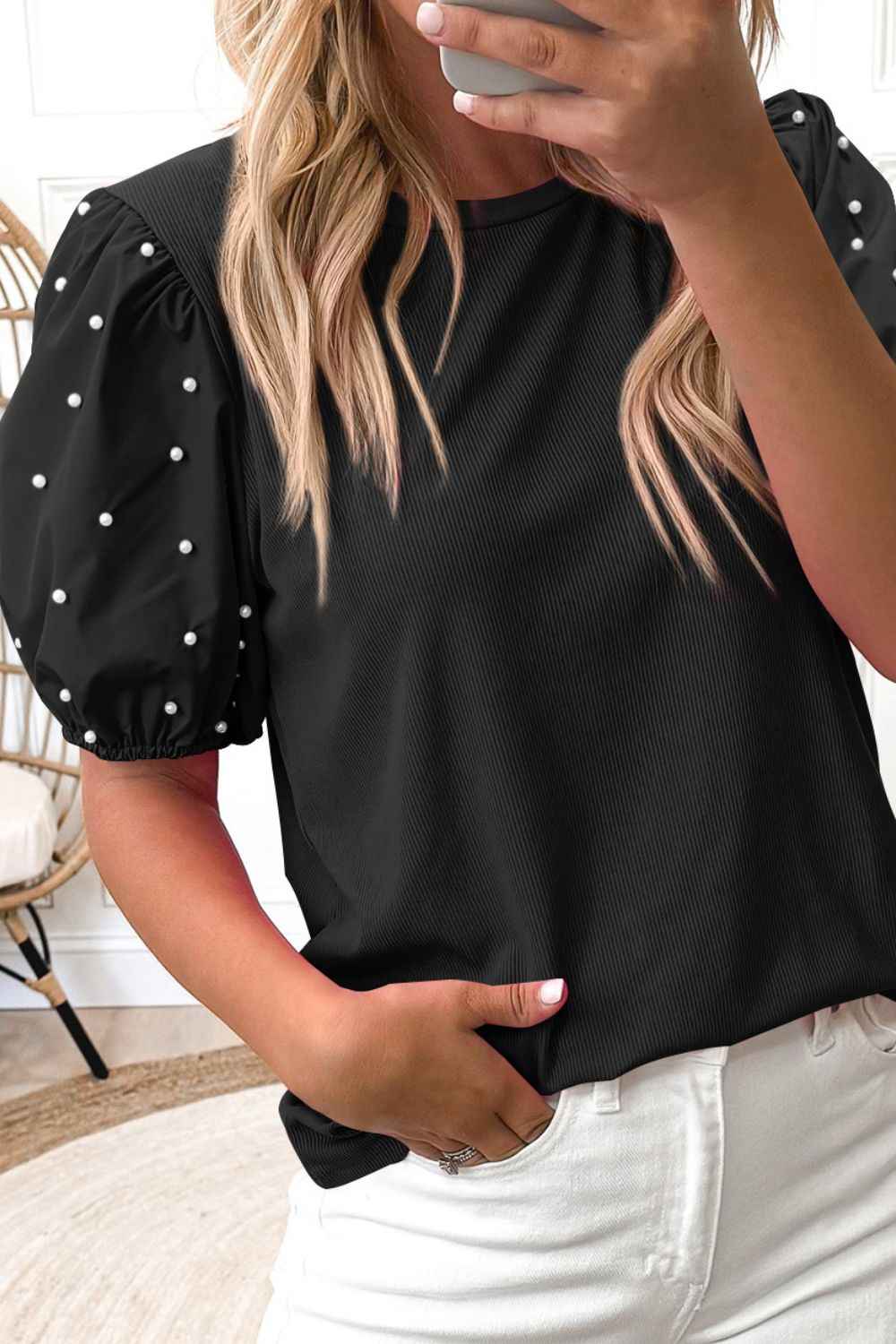 Pearl Puff Sleeve Top in Black