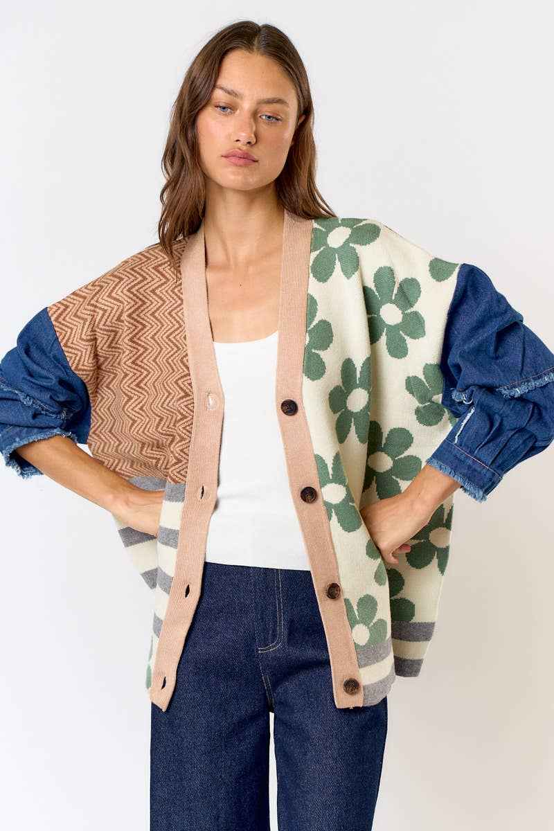 Patchwork Cardigan with Denim Sleeves