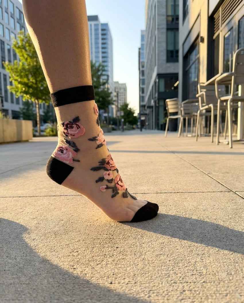 Roses Sheer Socks 2-Pack featuring a black-accent sheer ankle sock with embroidered rose details, worn outdoors on a city walkway in warm sunlight, highlighting the transparent finish and decorative floral embroidery.