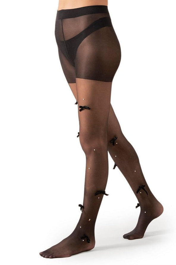 Sheer black women’s tights with decorative bow details, high-waist pantyhose worn on legs, elegant fashion hosiery for formal or party wear 2