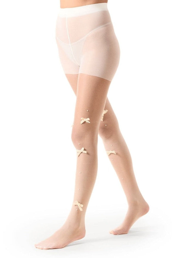 Sheer ivory women’s tights with decorative bow details, high-waist pantyhose worn on legs, elegant fashion hosiery for formal or party wear 2