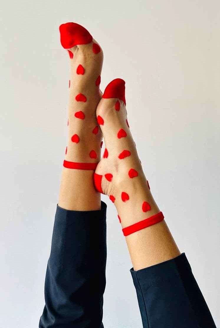 Sheer socks with red heart pattern and red trim, Love Classic high quality fashion style