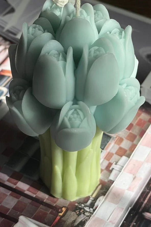 Light blue tulip flower candle with green base, Love Classic high quality home decor