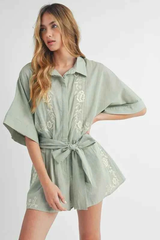 Embroidered Collared Romper in Dusty Sage