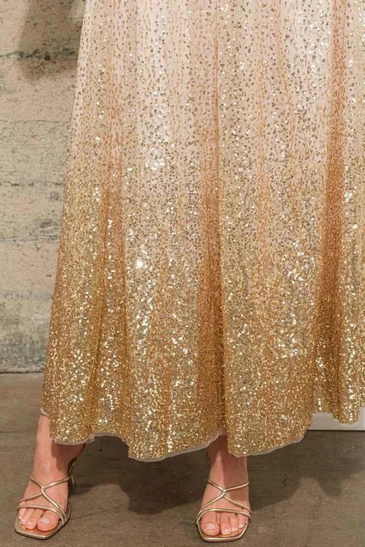 Gold sequin ombré maxi skirt with strappy heels, Love Classic high quality fashion