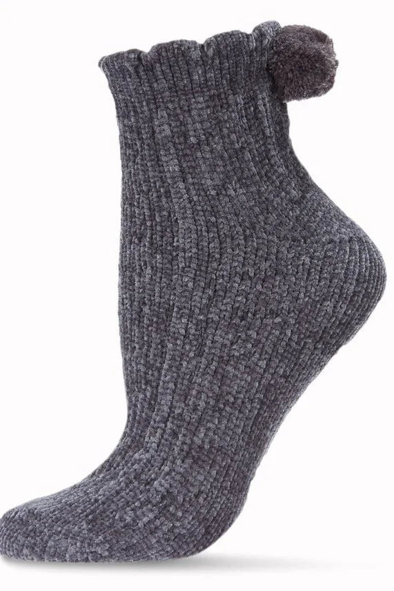 Soft grey chenille sock with ribbed texture and pompom accent, Love Classic style