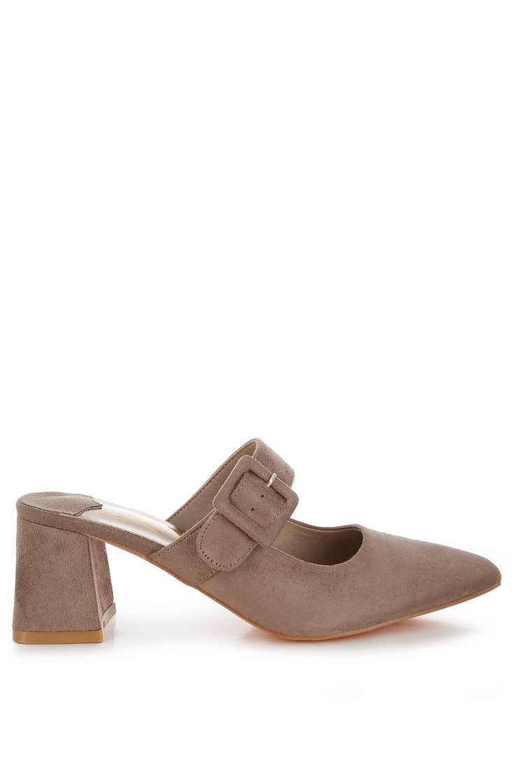 Taupe suede block heel mule with large buckle, classic women's shoe from Love Classic