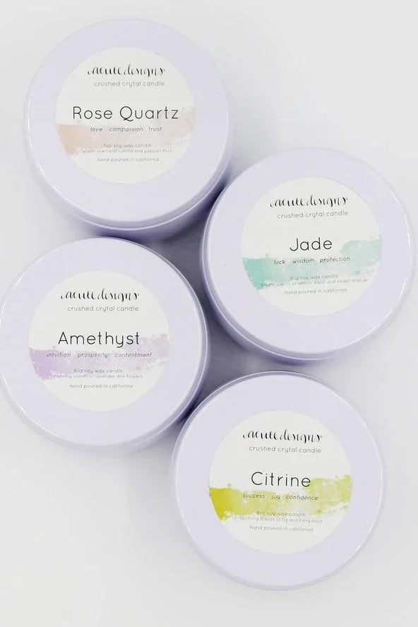 Love Classic collection of crushed crystal candles in Rose Quartz, Jade, Amethyst, and Citrine tins
