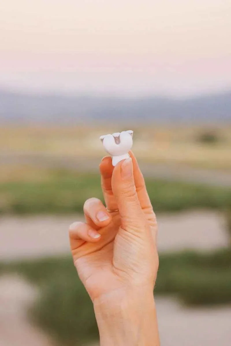 Hand holding small white ceramic bird figurine outdoors at sunset, Love Classic style