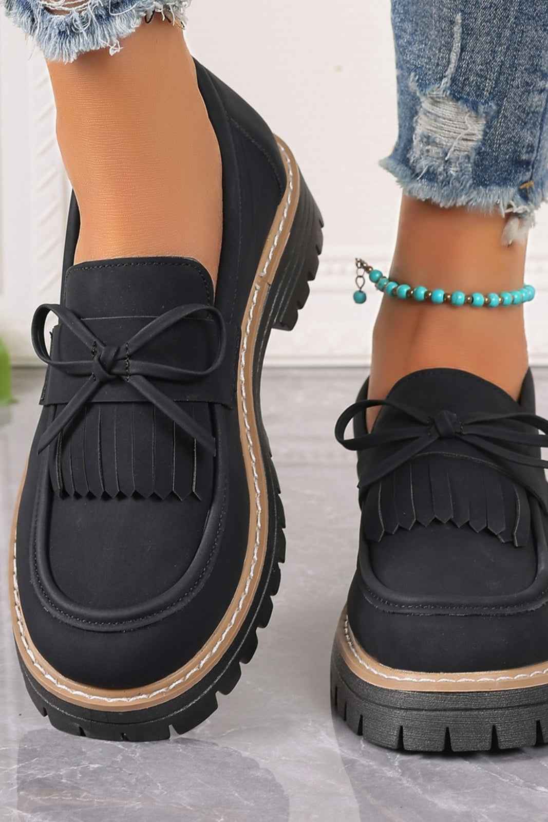 PU Leather Bow Platform Loafers