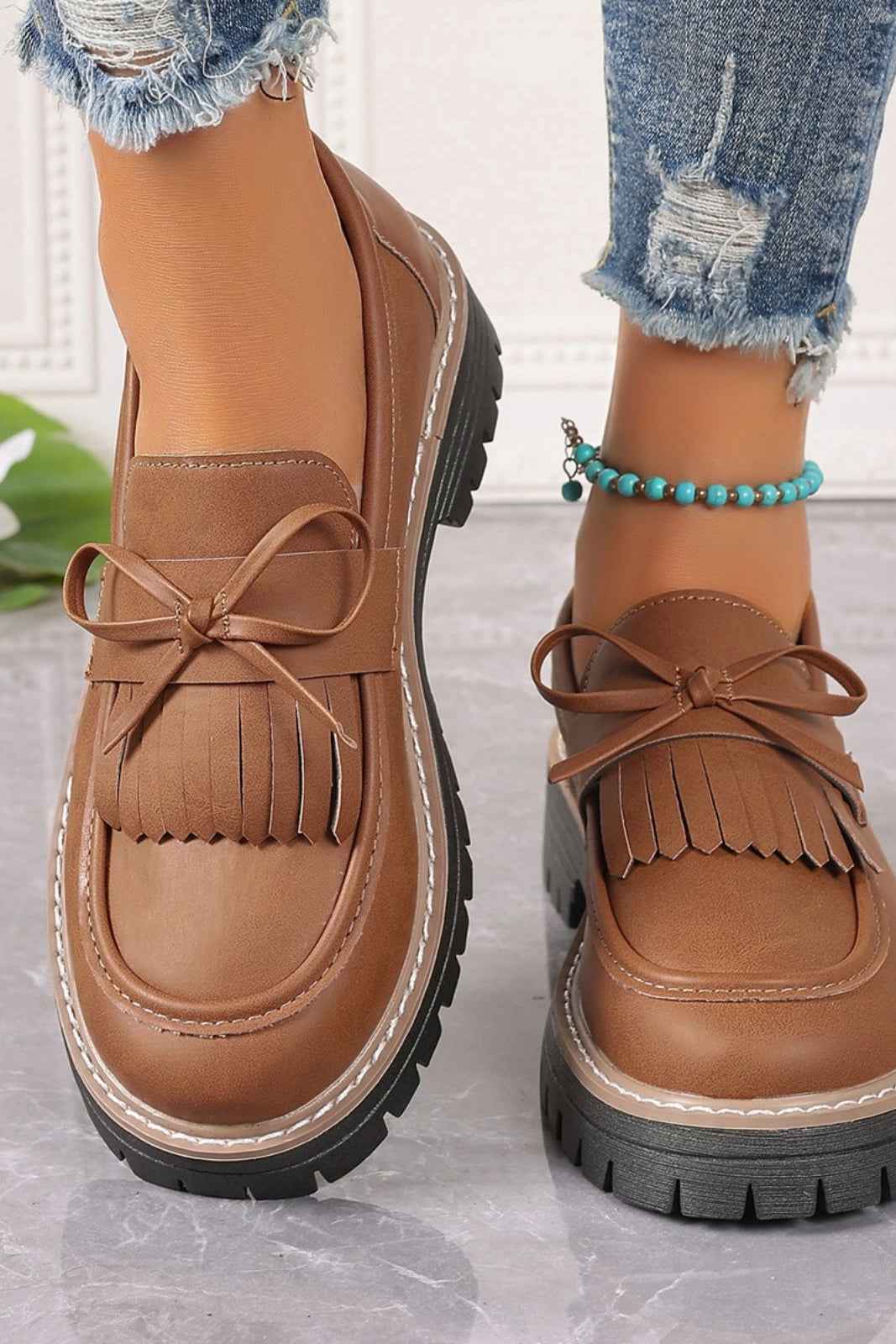 PU Leather Bow Platform Loafers